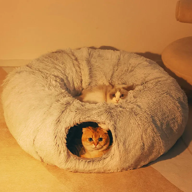 "Ultimate Cozy Retreat: 2-In-1 Cat Bed House with Entertaining Tunnel - Perfect for Small Dogs, Kittens, and Puppies - Luxurious Long Plush Material for Deep, Restful Sleep"