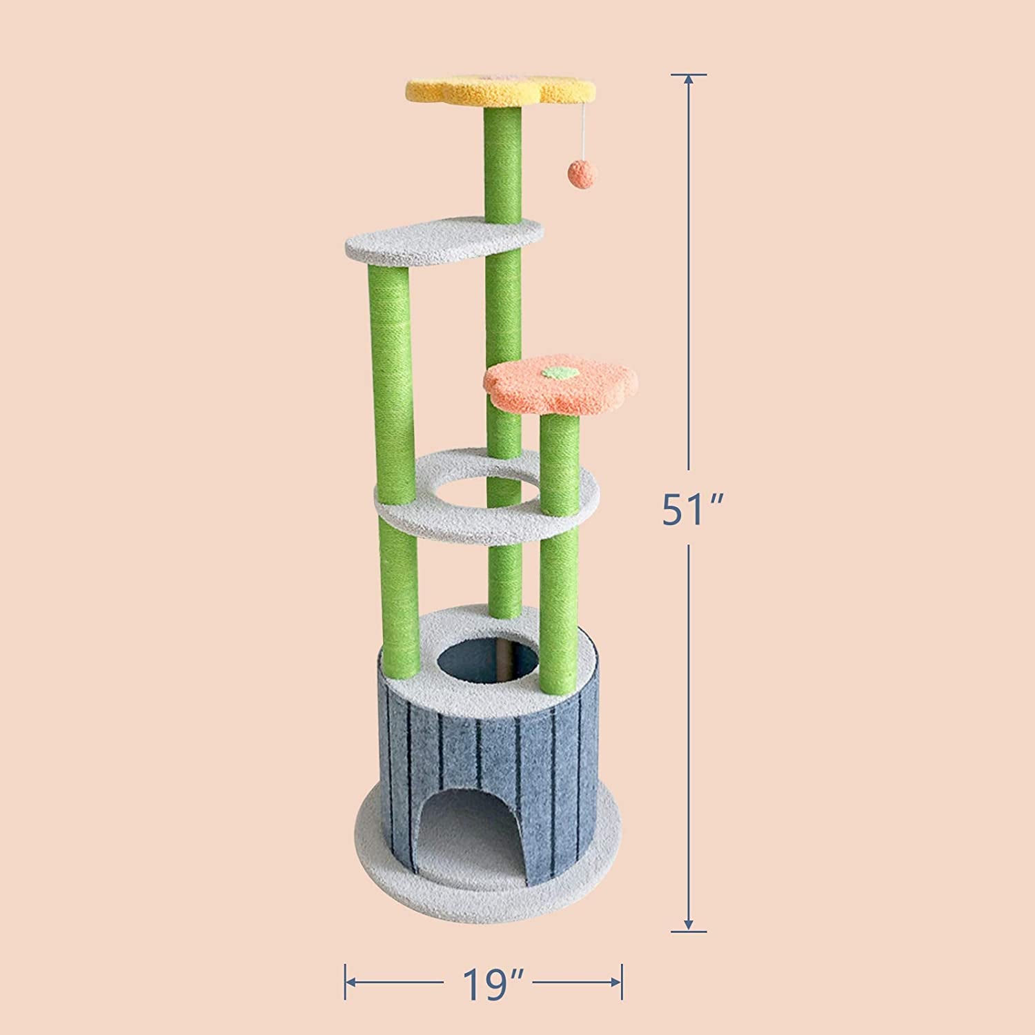 "Ultimate Cat Paradise: 51In Multi-Level Cat Tower with Scratching Post, Climbing Flower Tower, and 6 Layers of Fun for Cats and Kittens - Available in Blue, Orange, and Yellow"