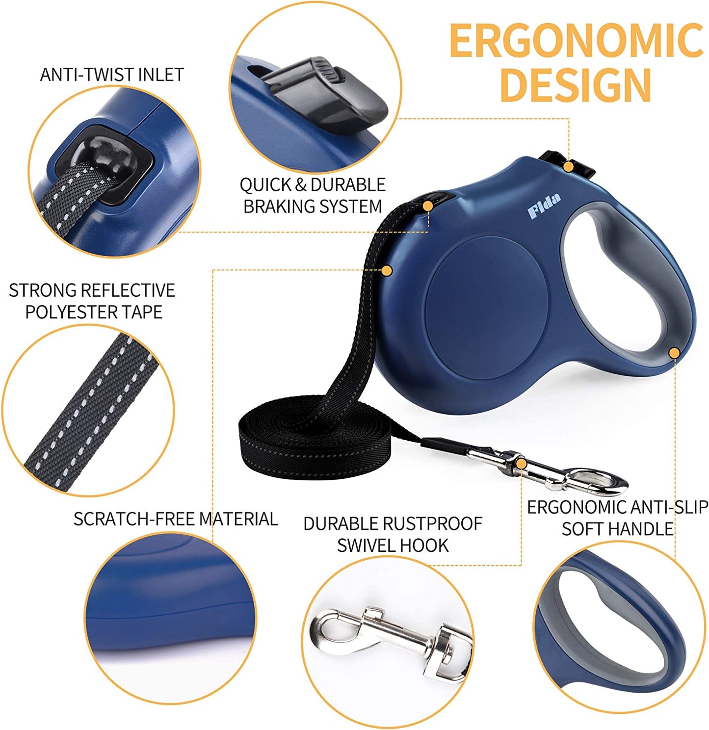 "Ultimate Retractable Dog Leash Kit: 16 Ft Tangle-Free Leash with Dispenser, Poop Bags, and Anti-Slip Handle - Ideal for Large Dogs up to 110 Lbs - Stay Safe with Reflective Nylon Tape - Stylish Navy Blue Design"