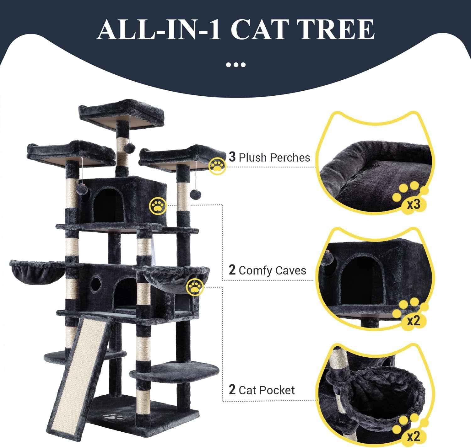 "Ultimate 68-Inch Cat Haven: Luxury Cat Tree Mansion with Condo, Scratching Post, and Multi-Level Towers for Large Cats - Smokey Grey"