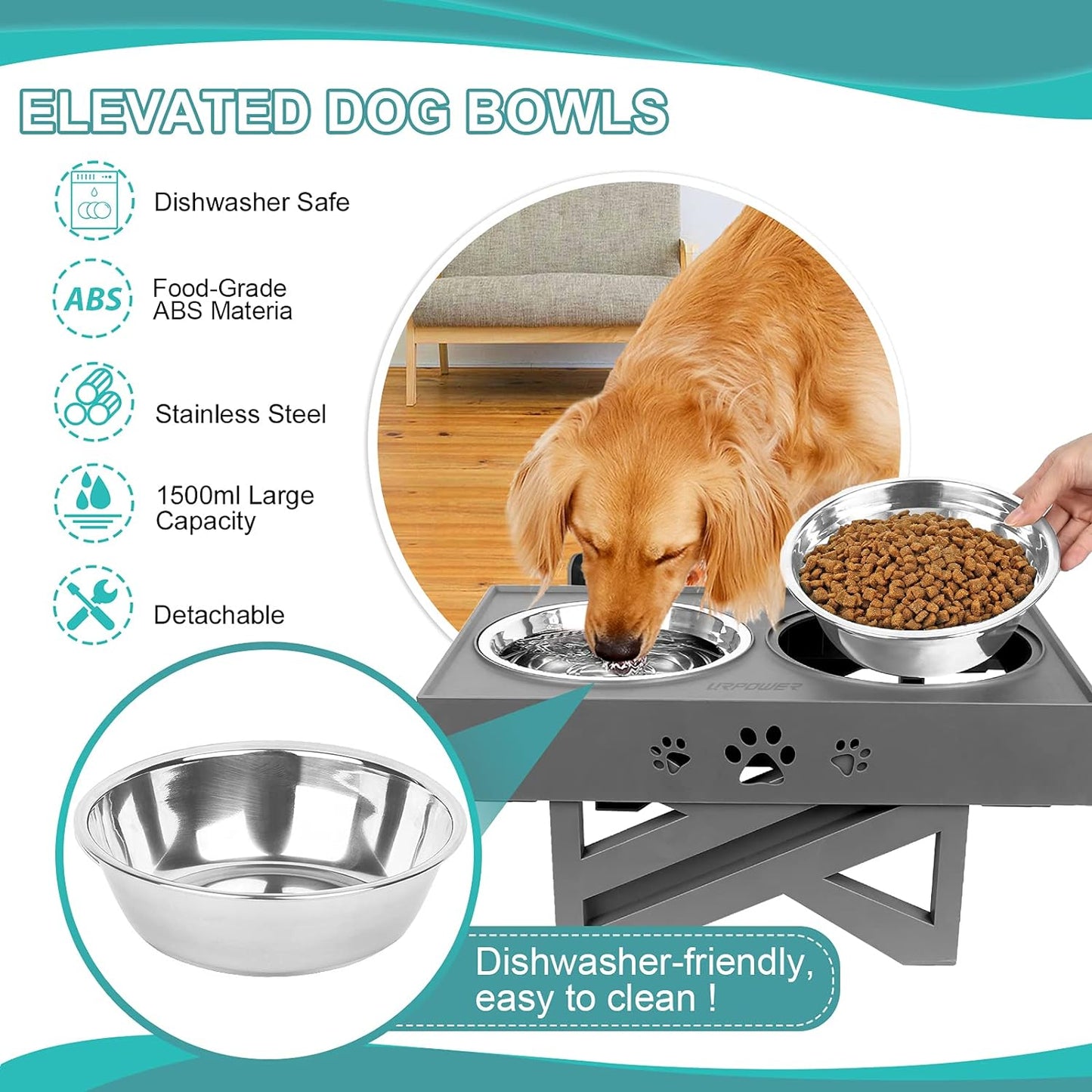 "Ultimate Adjustable Elevated Dog Bowls - Non-Slip Stand with 2 Stainless Steel Bowls, Perfect for Small to Large Dogs - No Spills, No Mess!"