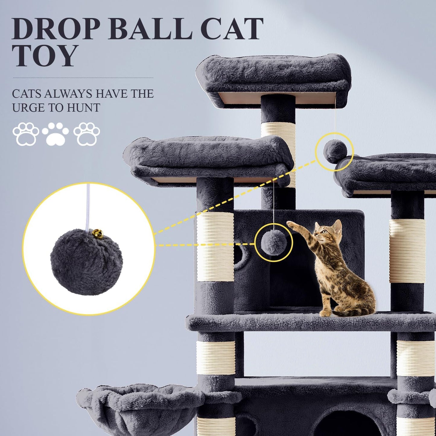 "Ultimate 68-Inch Cat Haven: Luxury Cat Tree Mansion with Condo, Scratching Post, and Multi-Level Towers for Large Cats - Smokey Grey"