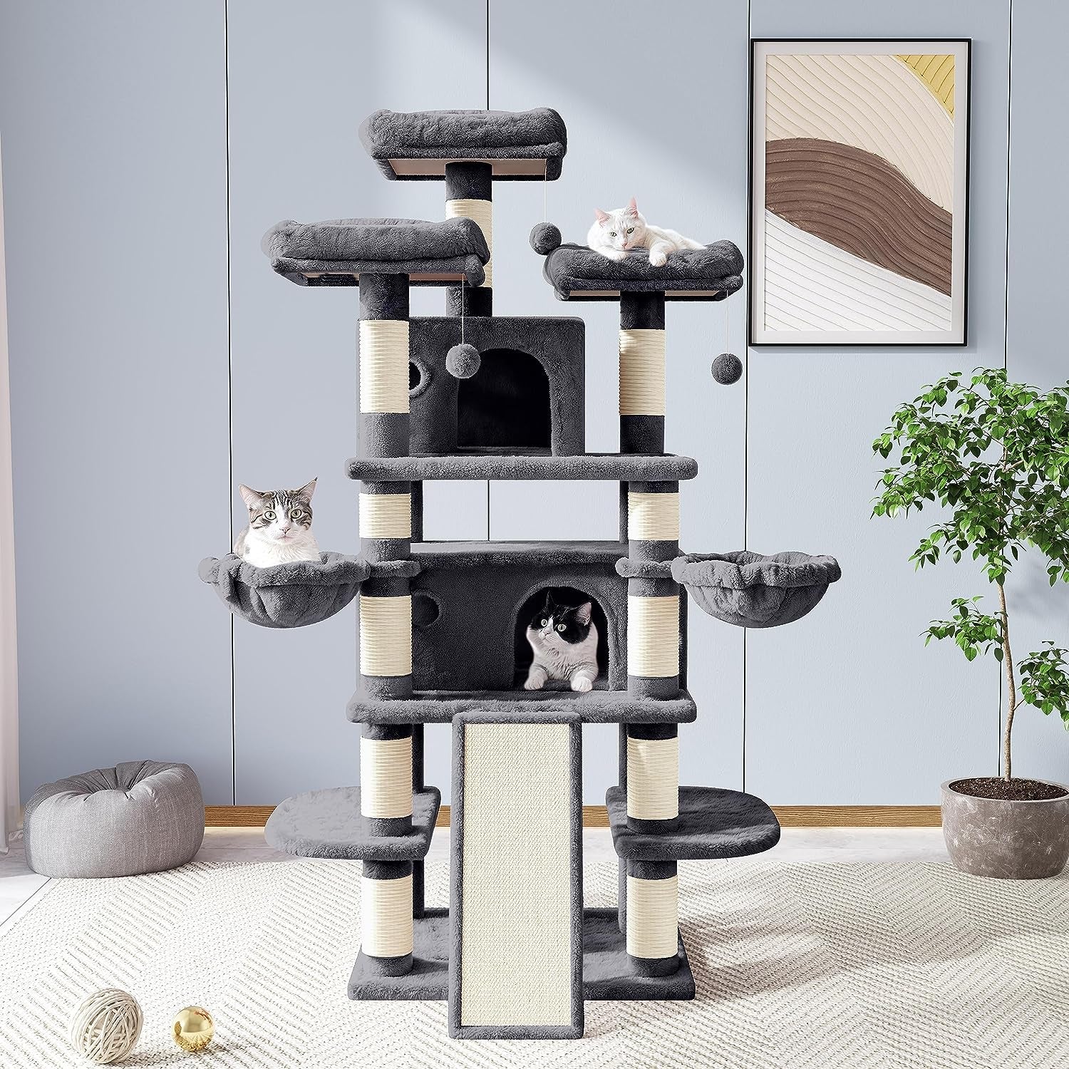 "Ultimate 68-Inch Cat Haven: Luxury Cat Tree Mansion with Condo, Scratching Post, and Multi-Level Towers for Large Cats - Smokey Grey"