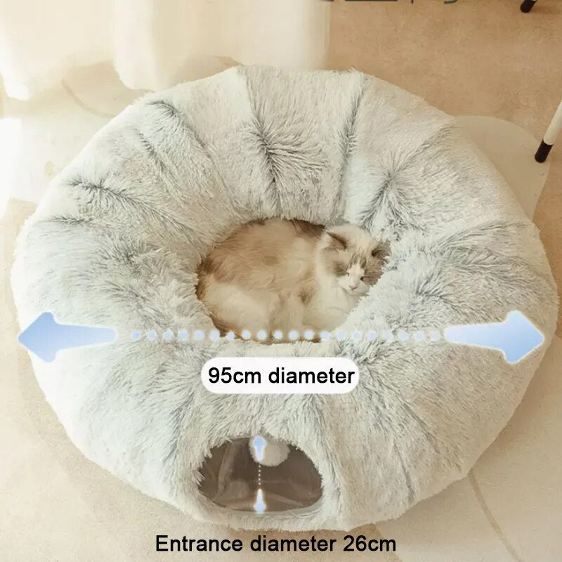 "Ultimate Cozy Retreat: 2-In-1 Cat Bed House with Entertaining Tunnel - Perfect for Small Dogs, Kittens, and Puppies - Luxurious Long Plush Material for Deep, Restful Sleep"