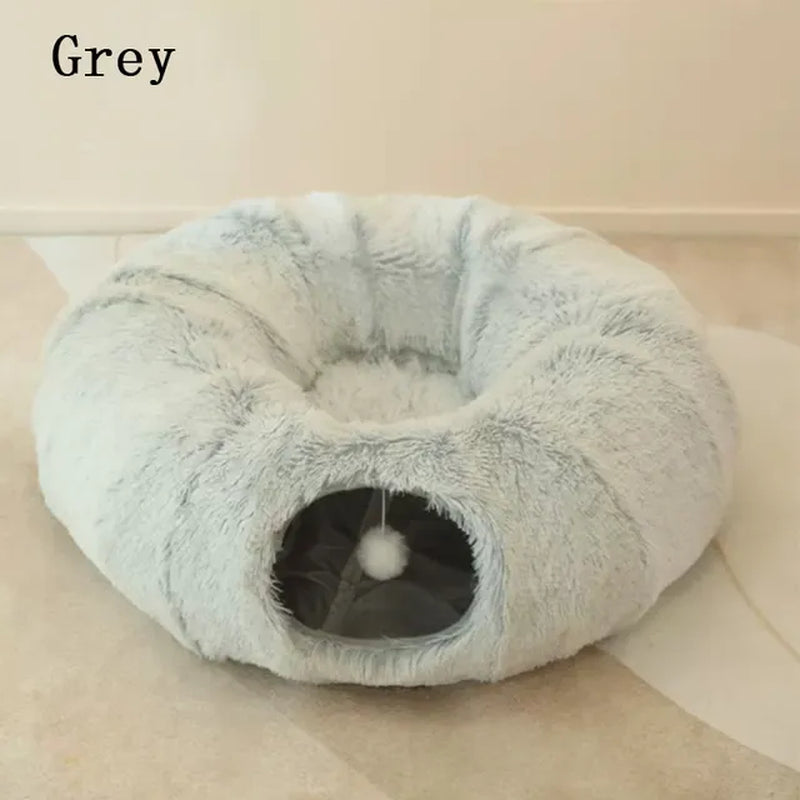 "Ultimate Cozy Retreat: 2-In-1 Cat Bed House with Entertaining Tunnel - Perfect for Small Dogs, Kittens, and Puppies - Luxurious Long Plush Material for Deep, Restful Sleep"