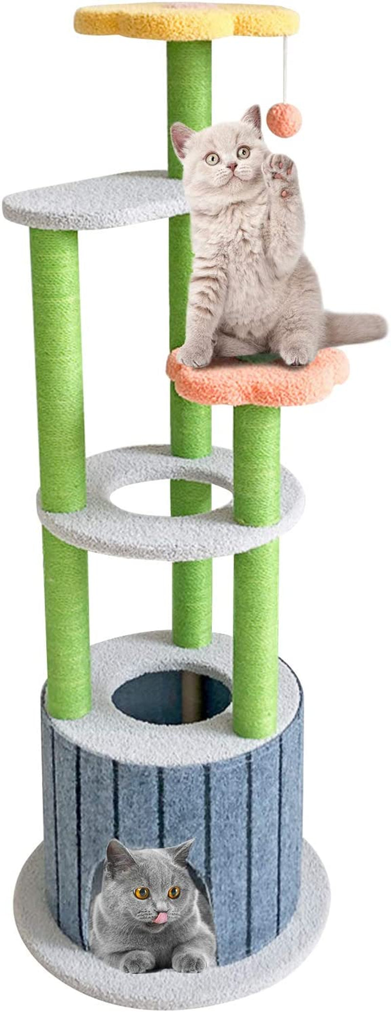 "Ultimate Cat Paradise: 51In Multi-Level Cat Tower with Scratching Post, Climbing Flower Tower, and 6 Layers of Fun for Cats and Kittens - Available in Blue, Orange, and Yellow"