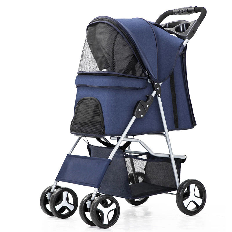 "Ultimate Pet Stroller: Detachable Dog Carrier with Double Layer, Lightweight Design, and Four Wheel Shock Absorption"