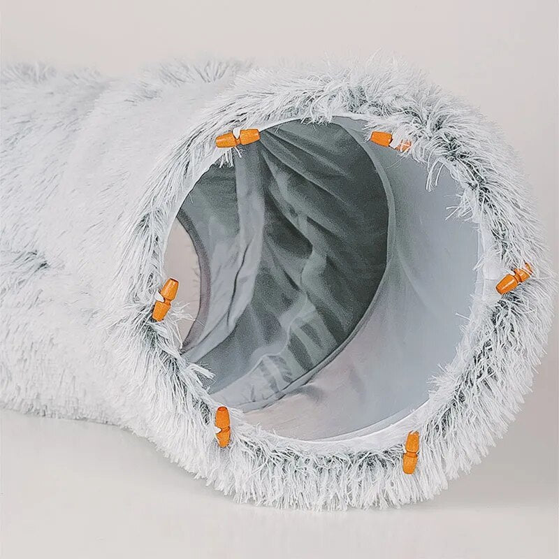 "Ultimate Cozy Retreat: 2-In-1 Cat Bed House with Entertaining Tunnel - Perfect for Small Dogs, Kittens, and Puppies - Luxurious Long Plush Material for Deep, Restful Sleep"