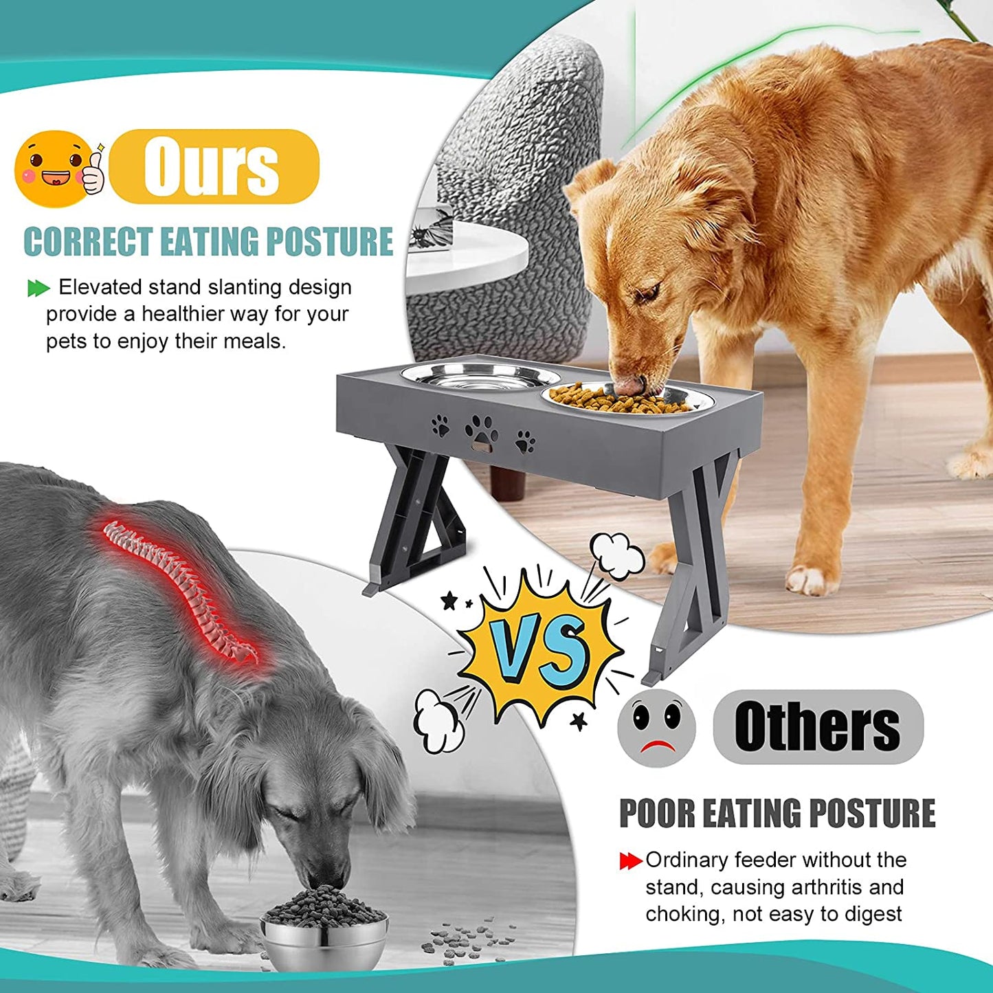 "Ultimate Adjustable Elevated Dog Bowls - Non-Slip Stand with 2 Stainless Steel Bowls, Perfect for Small to Large Dogs - No Spills, No Mess!"