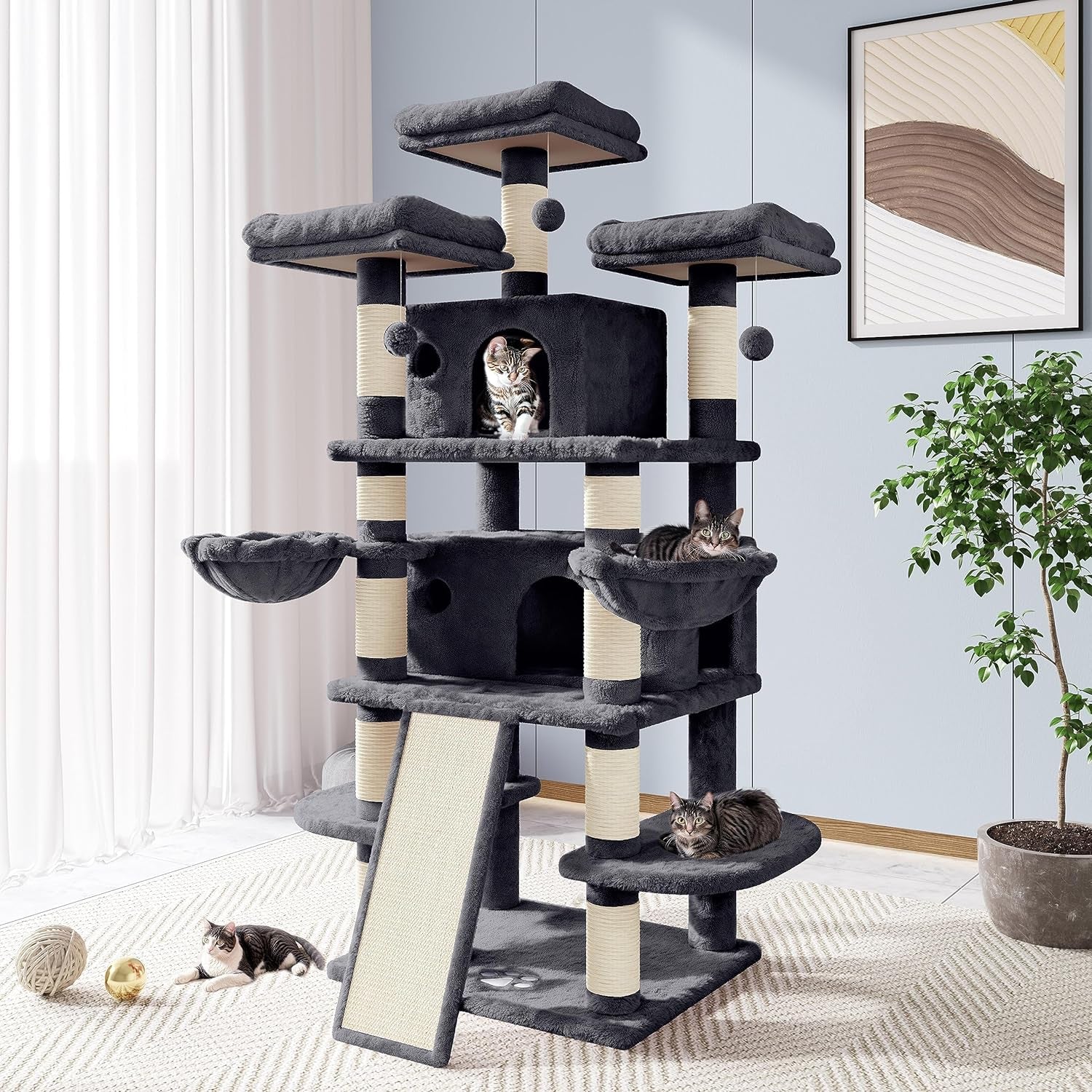 "Ultimate 68-Inch Cat Haven: Luxury Cat Tree Mansion with Condo, Scratching Post, and Multi-Level Towers for Large Cats - Smokey Grey"