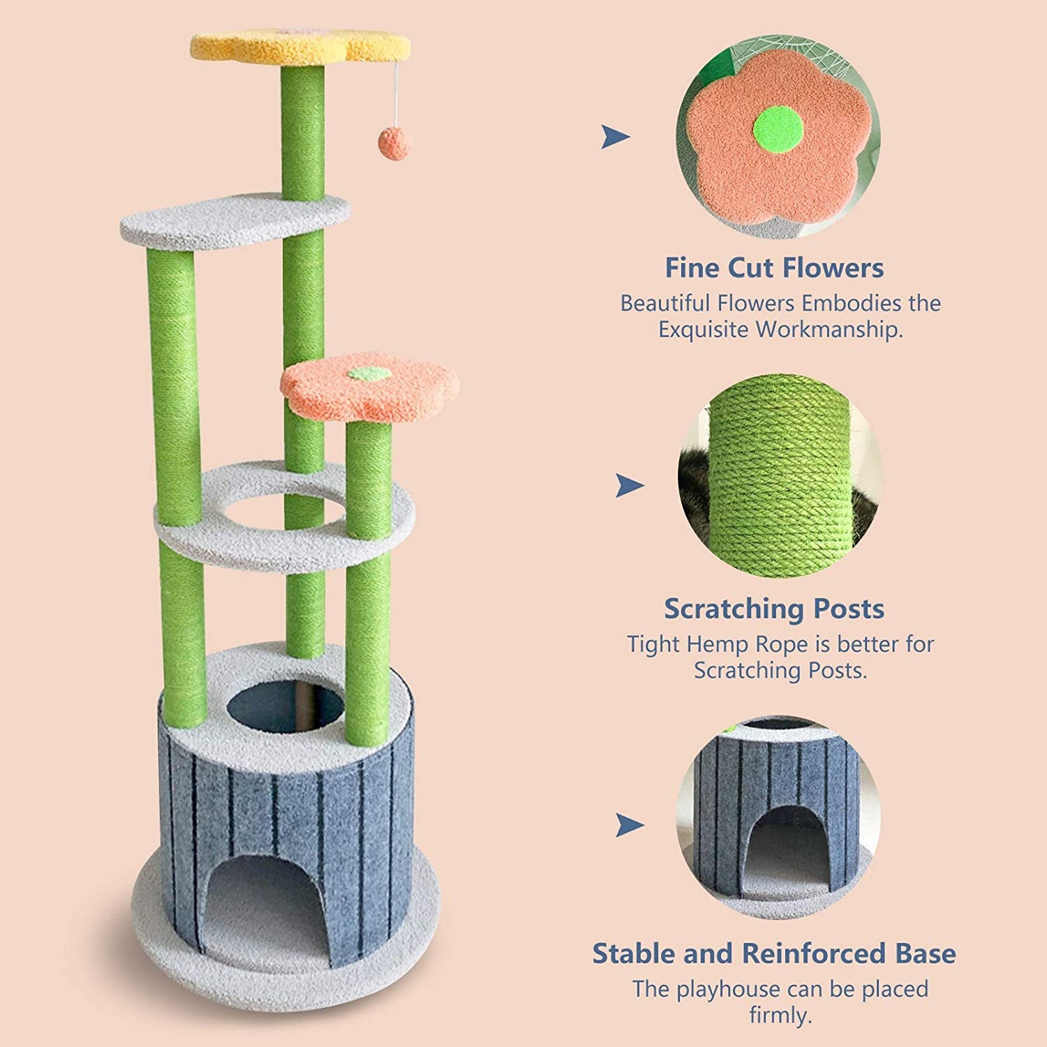 "Ultimate Cat Paradise: 51In Multi-Level Cat Tower with Scratching Post, Climbing Flower Tower, and 6 Layers of Fun for Cats and Kittens - Available in Blue, Orange, and Yellow"