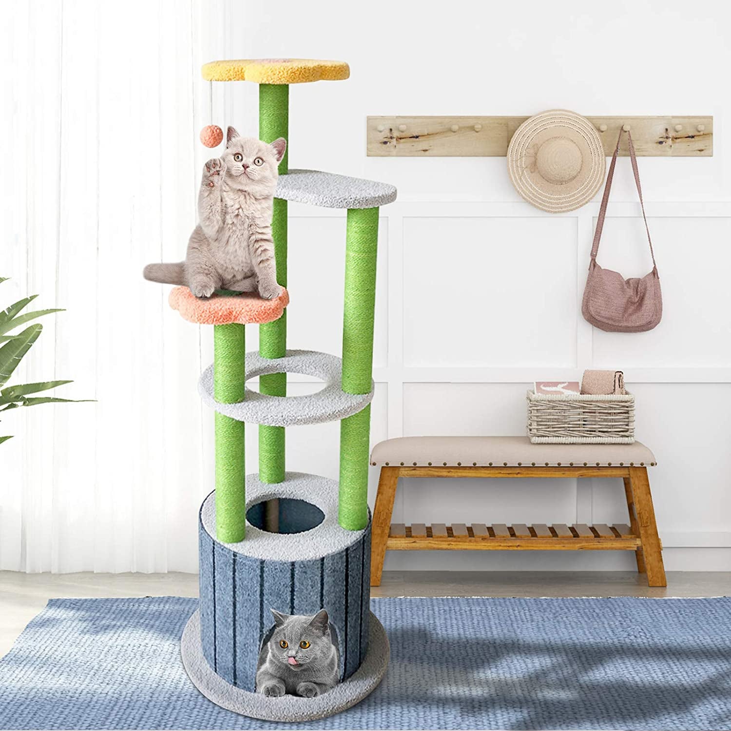 "Ultimate Cat Paradise: 51In Multi-Level Cat Tower with Scratching Post, Climbing Flower Tower, and 6 Layers of Fun for Cats and Kittens - Available in Blue, Orange, and Yellow"