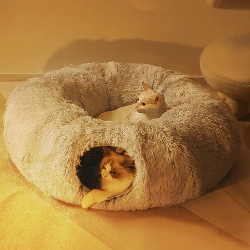 "Ultimate Cozy Retreat: 2-In-1 Cat Bed House with Entertaining Tunnel - Perfect for Small Dogs, Kittens, and Puppies - Luxurious Long Plush Material for Deep, Restful Sleep"