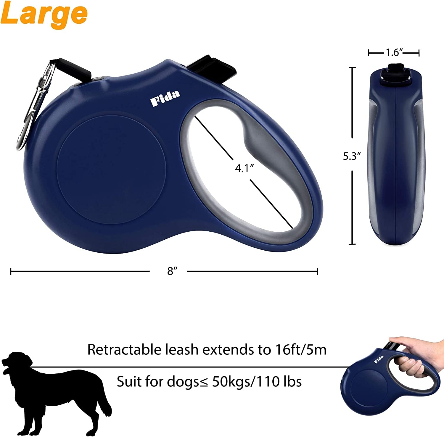 "Ultimate Retractable Dog Leash Kit: 16 Ft Tangle-Free Leash with Dispenser, Poop Bags, and Anti-Slip Handle - Ideal for Large Dogs up to 110 Lbs - Stay Safe with Reflective Nylon Tape - Stylish Navy Blue Design"