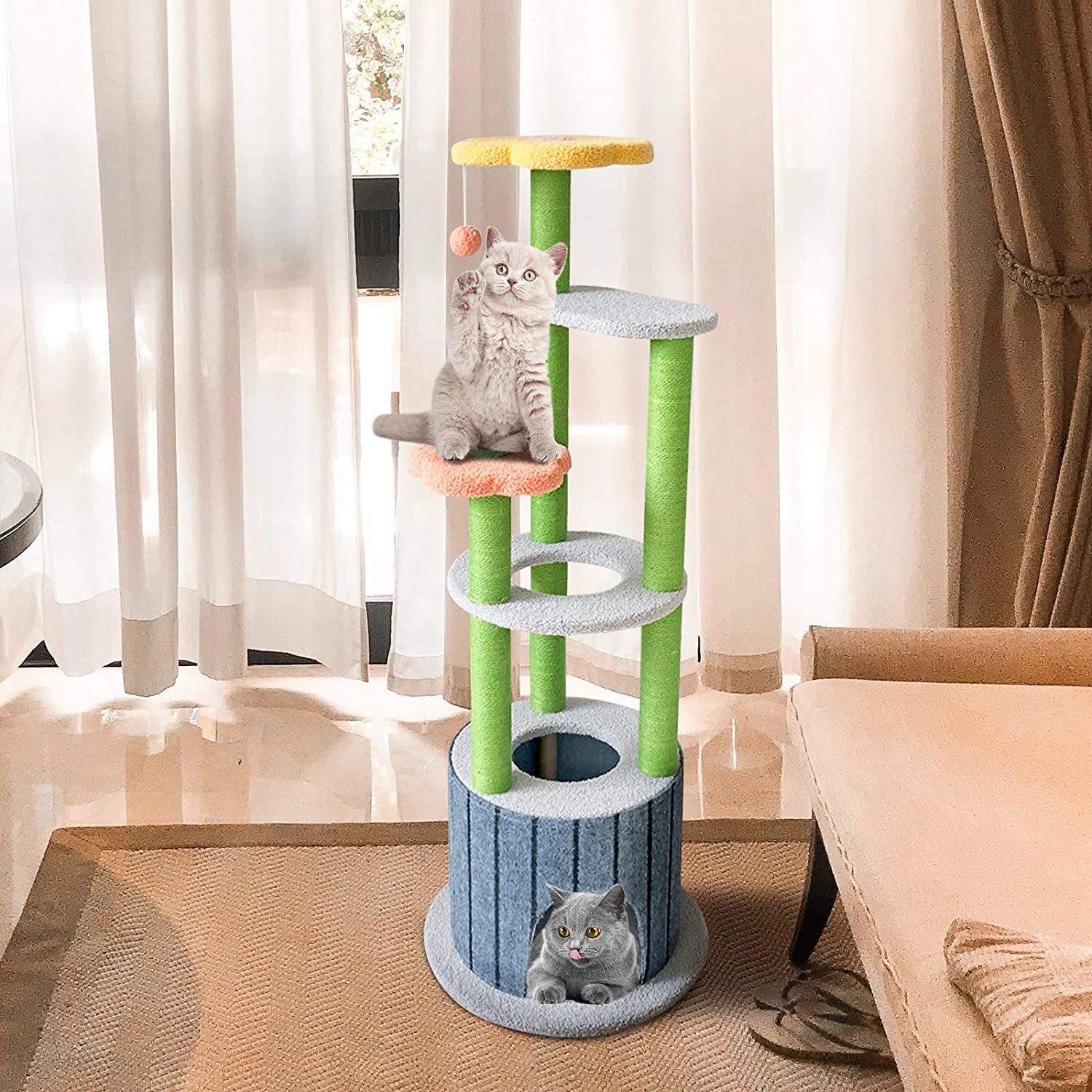 "Ultimate Cat Paradise: 51In Multi-Level Cat Tower with Scratching Post, Climbing Flower Tower, and 6 Layers of Fun for Cats and Kittens - Available in Blue, Orange, and Yellow"