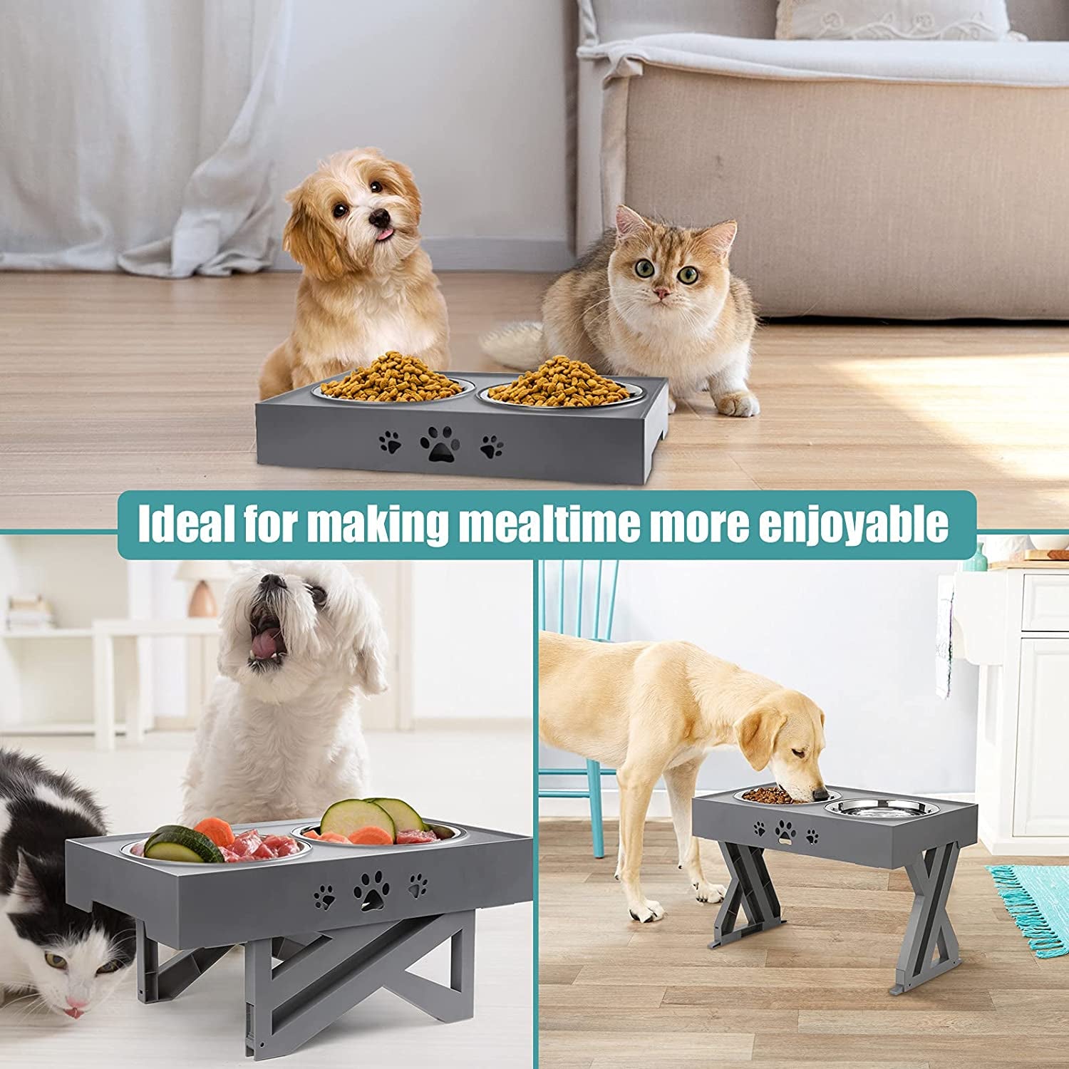 "Ultimate Adjustable Elevated Dog Bowls - Non-Slip Stand with 2 Stainless Steel Bowls, Perfect for Small to Large Dogs - No Spills, No Mess!"